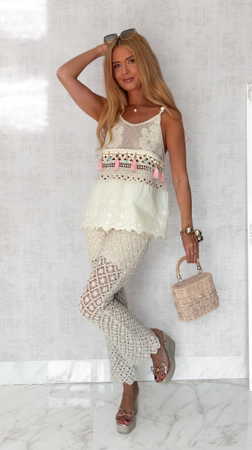 Idealny letni komplet BOHO bluzka TOP + spodnie szydełkowe 100% bawełna - S227