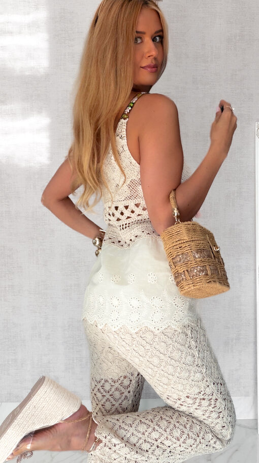 Idealny letni komplet BOHO bluzka TOP + spodnie szydełkowe 100% bawełna - S227