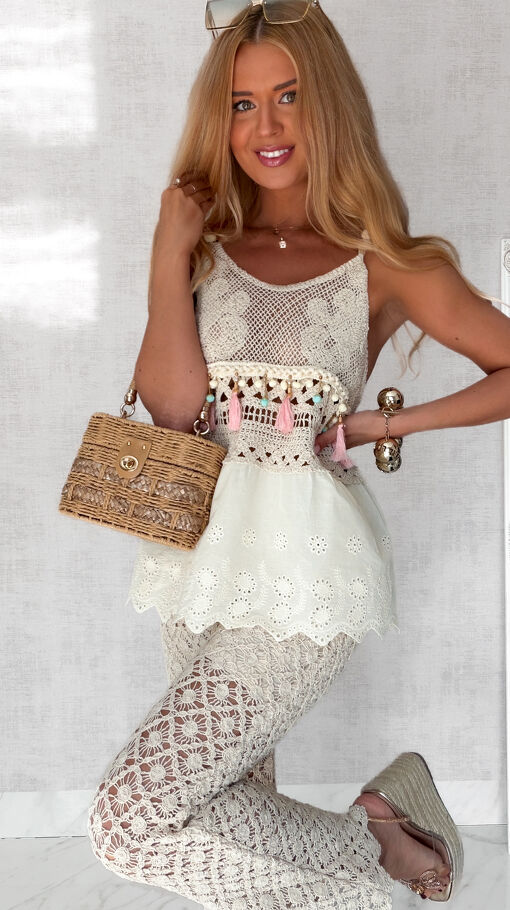 Idealny letni komplet BOHO bluzka TOP + spodnie szydełkowe 100% bawełna - S227