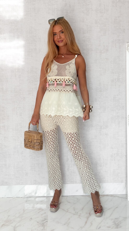 Idealny letni komplet BOHO bluzka TOP + spodnie szydełkowe 100% bawełna - S227