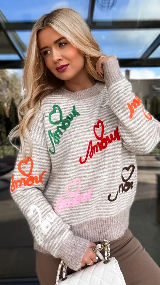 Jesienny sweter w paski AMOUR one size - R184