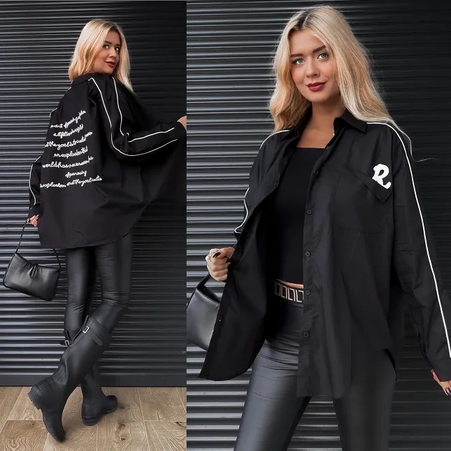 Czarna bawełniana koszula OVERSIZE z napisami - R258