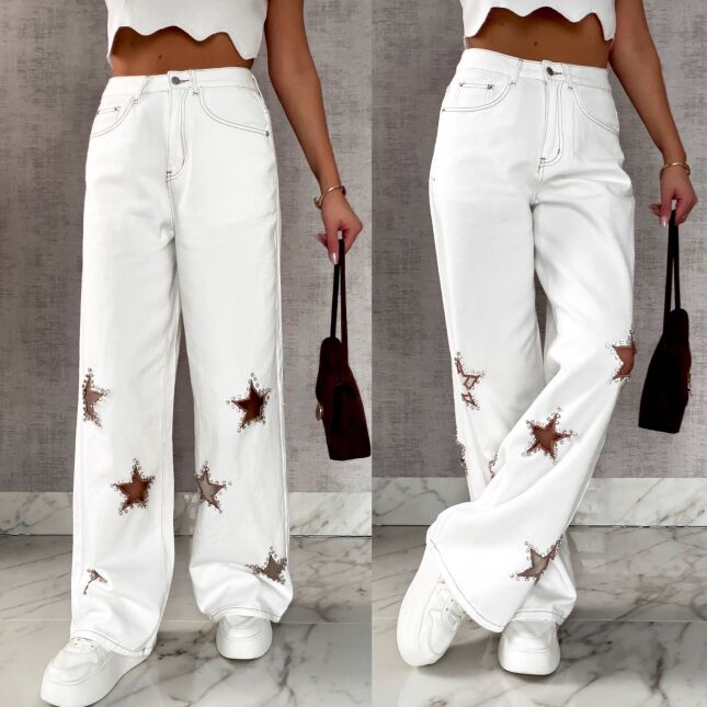Oryginalne elastyczne jeansy z haftowanymi gwiazdkami BIAŁE - R635