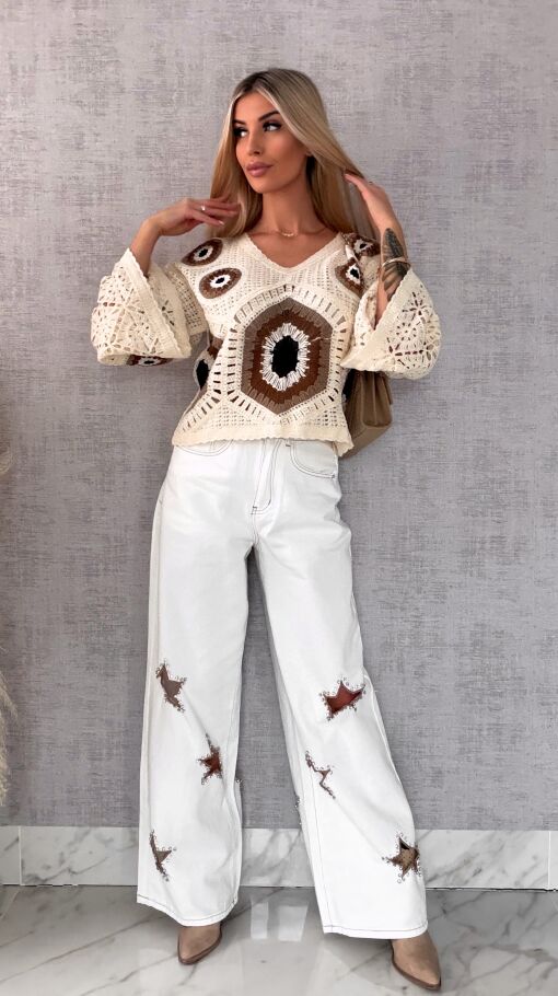 Oryginalne elastyczne jeansy z haftowanymi gwiazdkami BIAŁE - R635