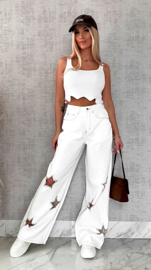 Oryginalne elastyczne jeansy z haftowanymi gwiazdkami BIAŁE - R635