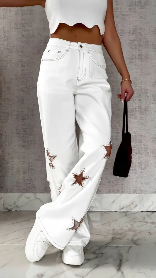 Oryginalne elastyczne jeansy z haftowanymi gwiazdkami BIAŁE - R635
