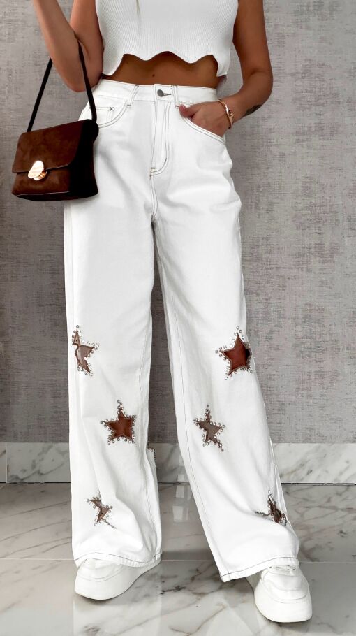 Oryginalne elastyczne jeansy z haftowanymi gwiazdkami BIAŁE - R635