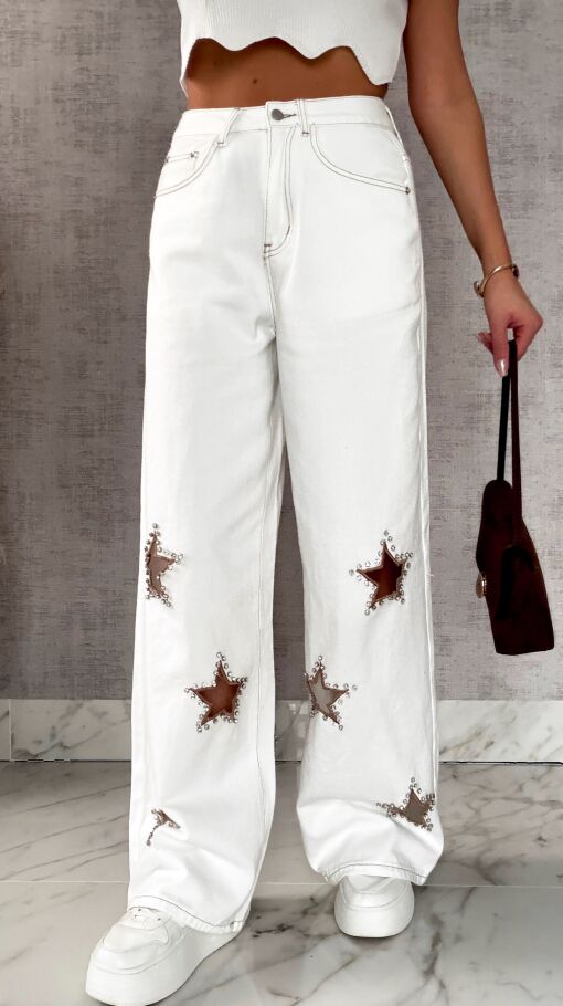 Oryginalne elastyczne jeansy z haftowanymi gwiazdkami BIAŁE - R635
