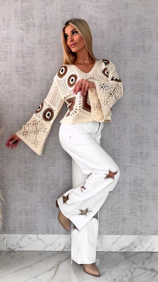 Oryginalne elastyczne jeansy z haftowanymi gwiazdkami BIAŁE - R635