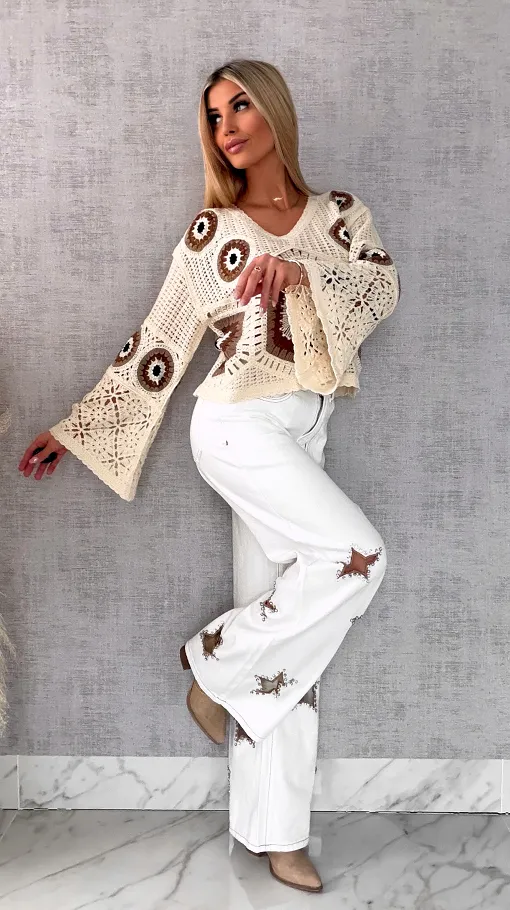 Oryginalne elastyczne jeansy z haftowanymi gwiazdkami BIAŁE - R635