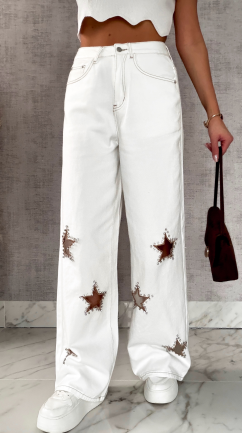 Oryginalne elastyczne jeansy z haftowanymi gwiazdkami BIAŁE - R635