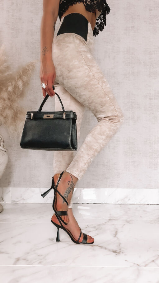 Elastyczne leginsy z szerokim gumowym pasem w skórzanym stylu BEŻOWE - R436