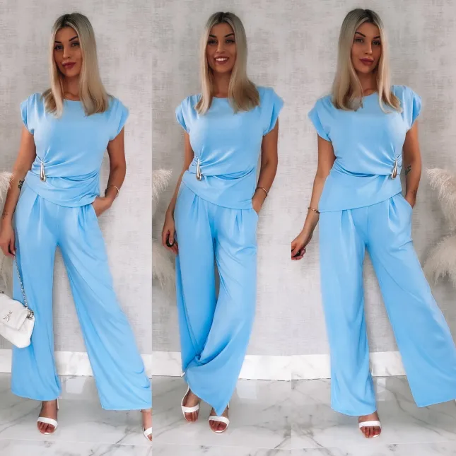 Błękitny komplet w prążki bluzka + spodnie ONE SIZE - R894