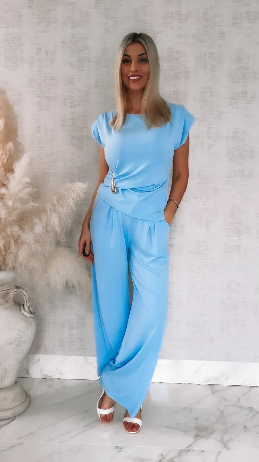 Błękitny komplet w prążki bluzka + spodnie ONE SIZE - R894