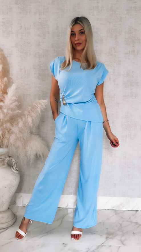 Błękitny komplet w prążki bluzka + spodnie ONE SIZE - R894