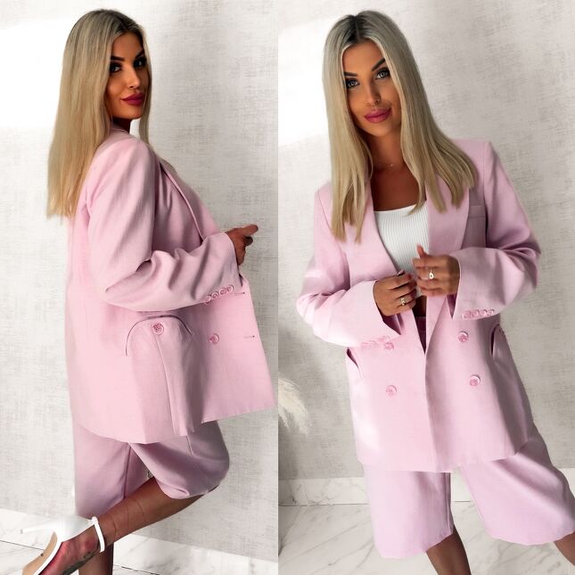 Elegancki LNIANY komplet marynarka + spodnie bermudy PINK - S063
