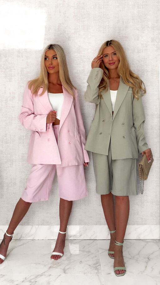 Elegancki LNIANY komplet marynarka + spodnie bermudy PINK - S063