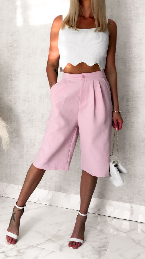 Elegancki LNIANY komplet marynarka + spodnie bermudy PINK - S063