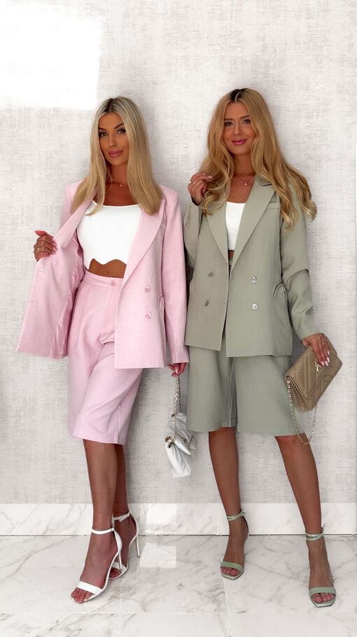 Elegancki LNIANY komplet marynarka + spodnie bermudy PINK - S063