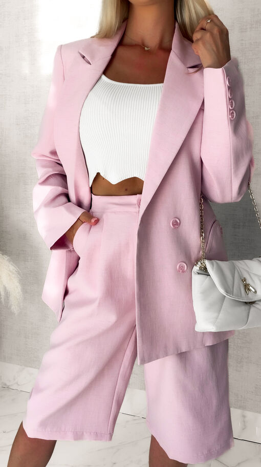 Elegancki LNIANY komplet marynarka + spodnie bermudy PINK - S063