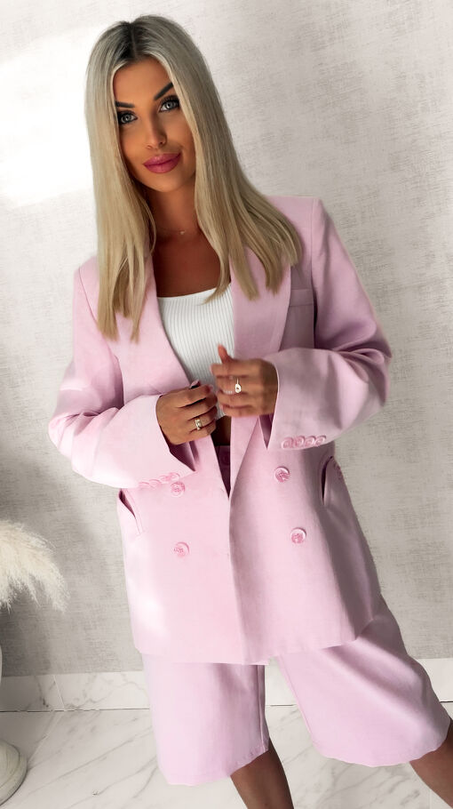 Elegancki LNIANY komplet marynarka + spodnie bermudy PINK - S063