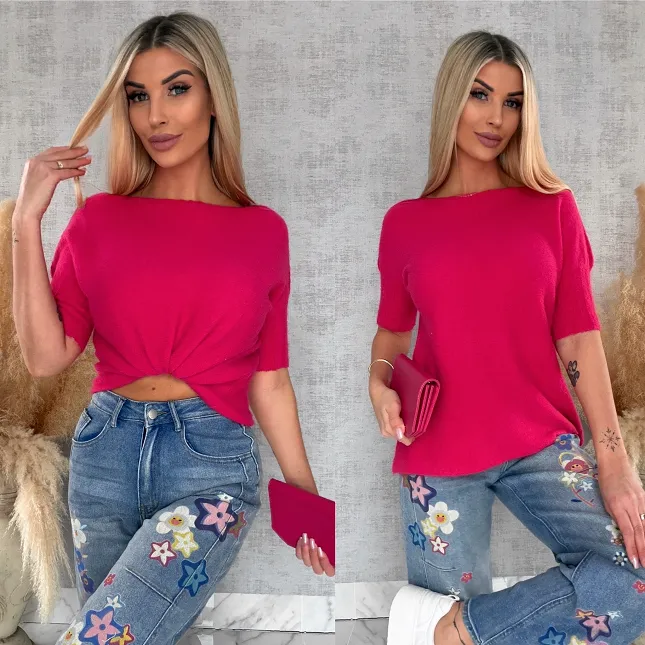 Idealny wiosenny sweter z krótkim rękawem MALINOWY - R660A