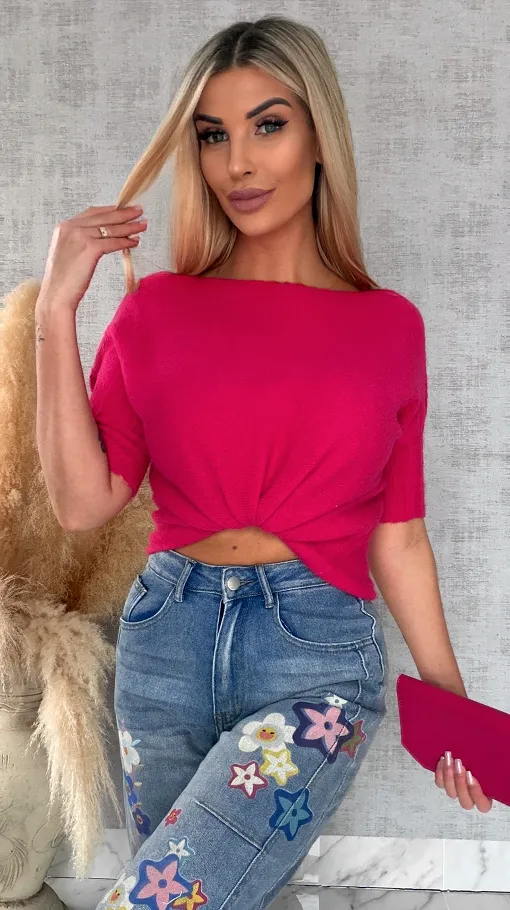 Idealny wiosenny sweter z krótkim rękawem MALINOWY - R660A