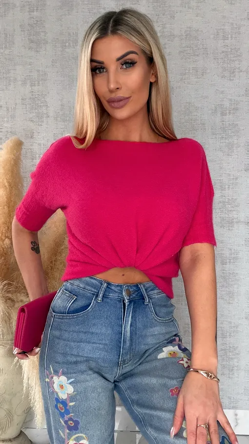 Idealny wiosenny sweter z krótkim rękawem MALINOWY - R660A