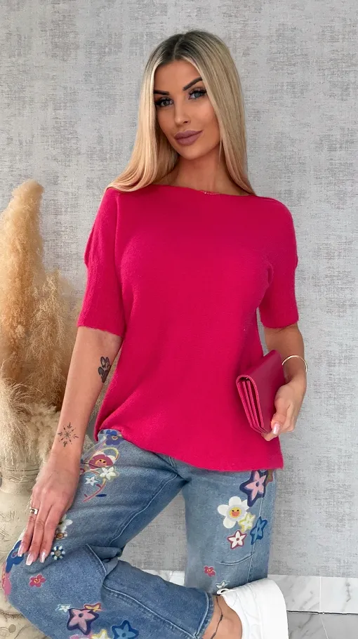 Idealny wiosenny sweter z krótkim rękawem MALINOWY - R660A