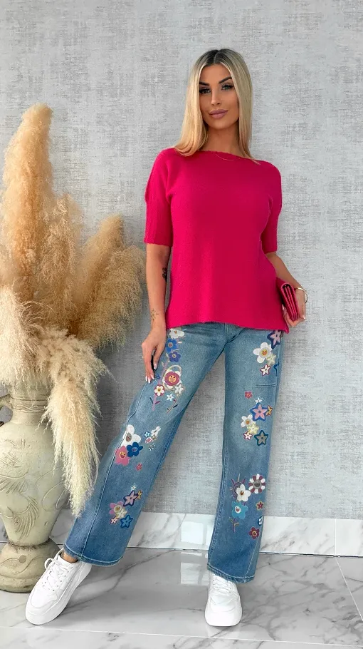 Idealny wiosenny sweter z krótkim rękawem MALINOWY - R660A