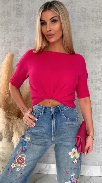 Idealny wiosenny sweter z krótkim rękawem MALINOWY - R660A