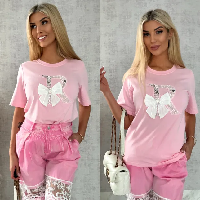 Różowa bluzka T-SHIRT bogato zdobiony perełkami i cyrkoniami - R508