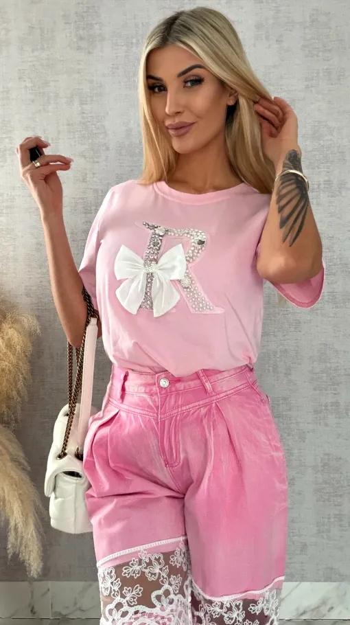 Różowa bluzka T-SHIRT bogato zdobiony perełkami i cyrkoniami - R508