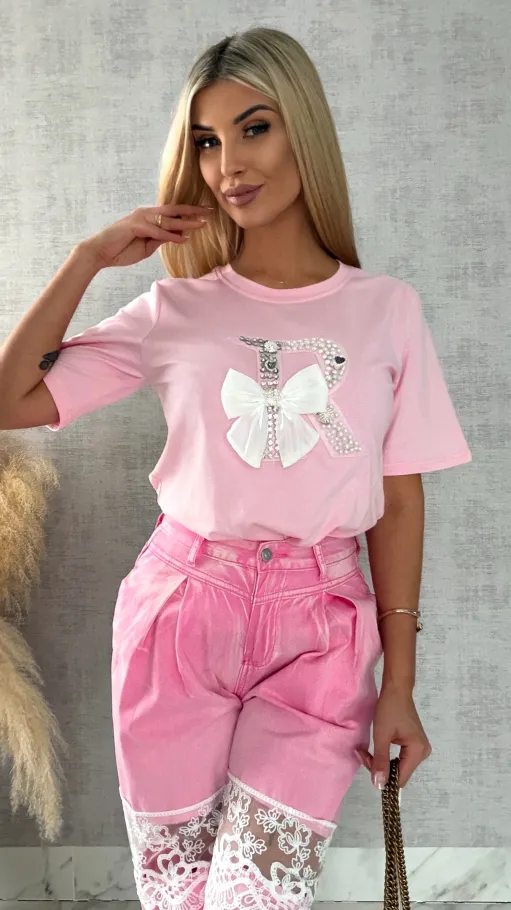 Różowa bluzka T-SHIRT bogato zdobiony perełkami i cyrkoniami - R508