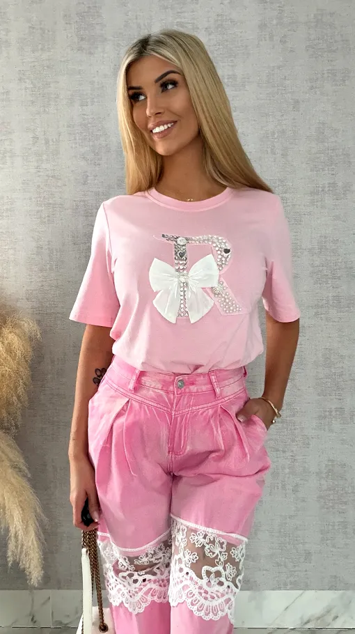 Różowa bluzka T-SHIRT bogato zdobiony perełkami i cyrkoniami - R508