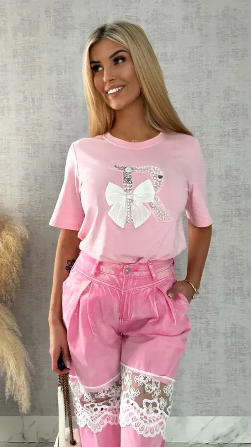 Różowa bluzka T-SHIRT bogato zdobiony perełkami i cyrkoniami - R508