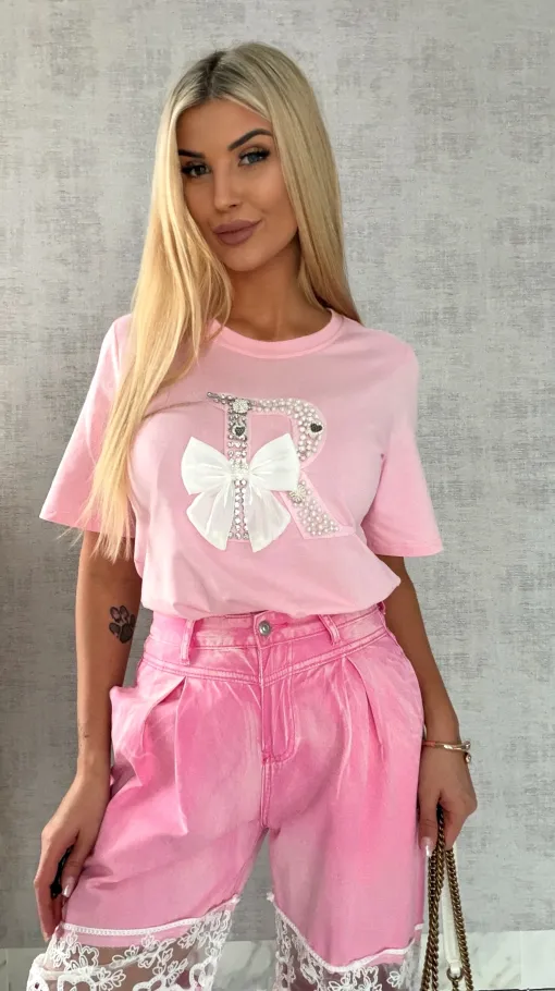 Różowa bluzka T-SHIRT bogato zdobiony perełkami i cyrkoniami - R508