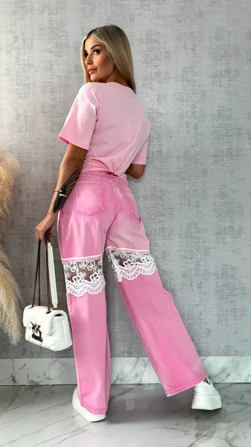 Różowa bluzka T-SHIRT bogato zdobiony perełkami i cyrkoniami - R508