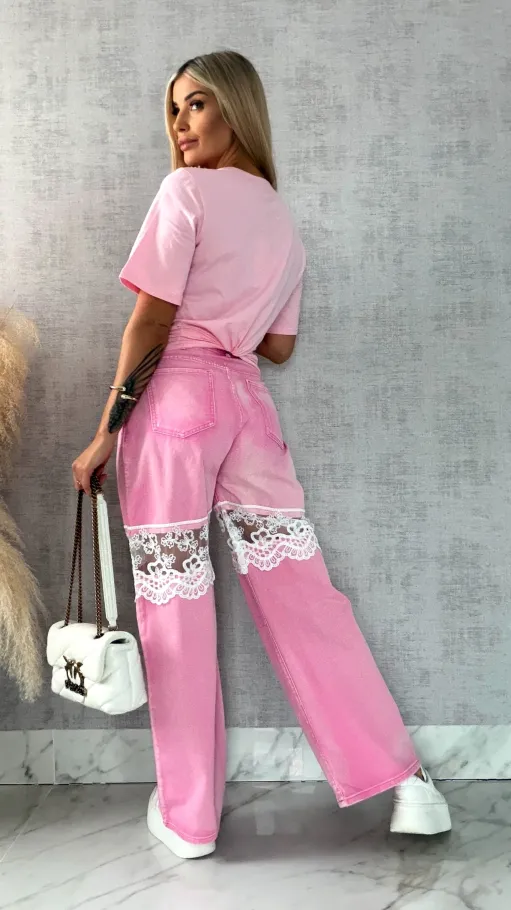 Różowa bluzka T-SHIRT bogato zdobiony perełkami i cyrkoniami - R508