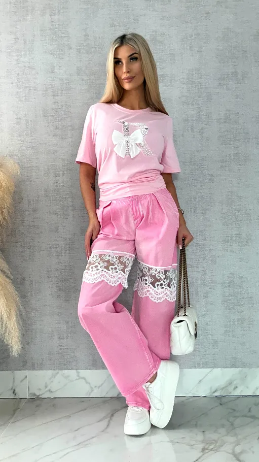 Różowa bluzka T-SHIRT bogato zdobiony perełkami i cyrkoniami - R508