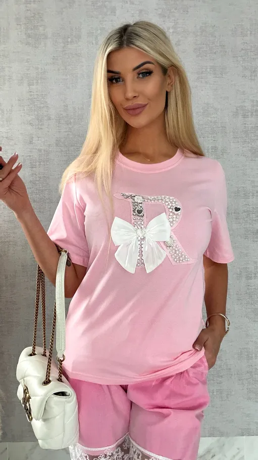 Różowa bluzka T-SHIRT bogato zdobiony perełkami i cyrkoniami - R508