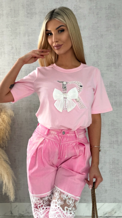 Różowa bluzka T-SHIRT bogato zdobiony perełkami i cyrkoniami - R508