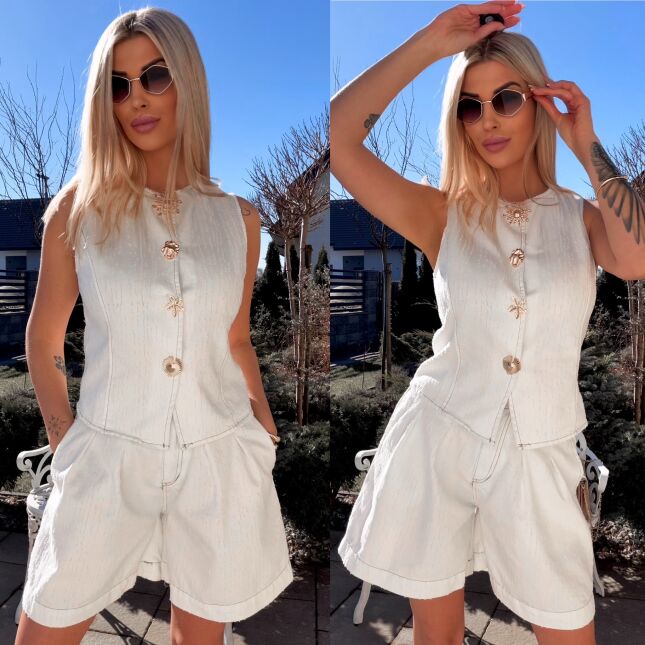 Miękki biały komplet jeansowy kamizelka + spodenki WHITE JEANS - R798A