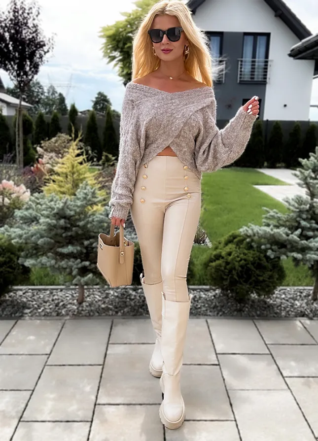 Beżowe dopasowane spodnie leginsy - M101A