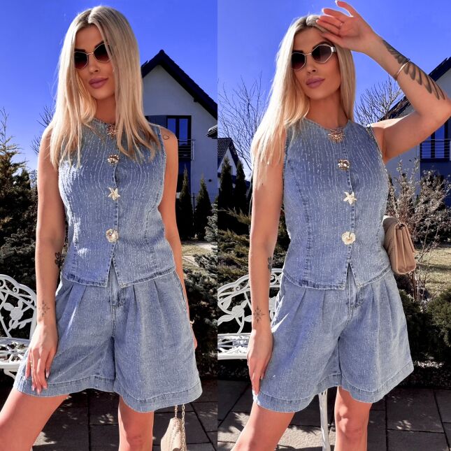 Miękki niebieski komplet jeansowy kamizelka + spodenki BLUE JEANS - R798
