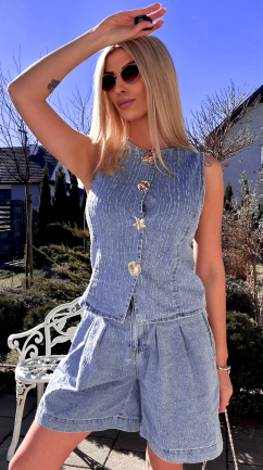 Miękki niebieski komplet jeansowy kamizelka + spodenki BLUE JEANS - R798