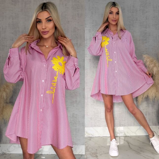 Czerwona koszula OVERSIZE w paski z żółtym kwiatem ONE SIZE - R900