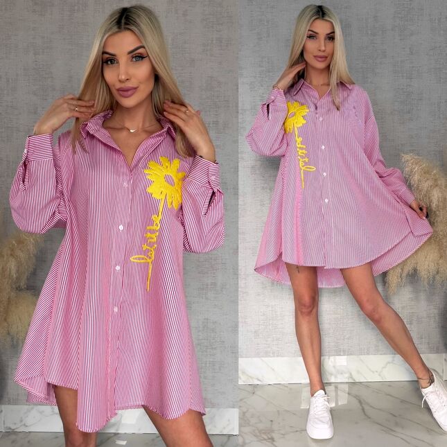Czerwona koszula OVERSIZE w paski z żółtym kwiatem ONE SIZE - R900