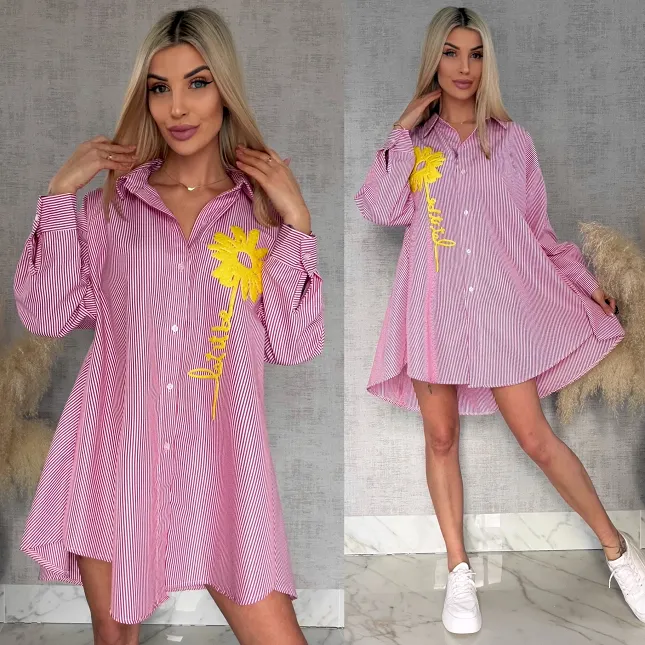 Czerwona koszula OVERSIZE w paski z żółtym kwiatem ONE SIZE - R900