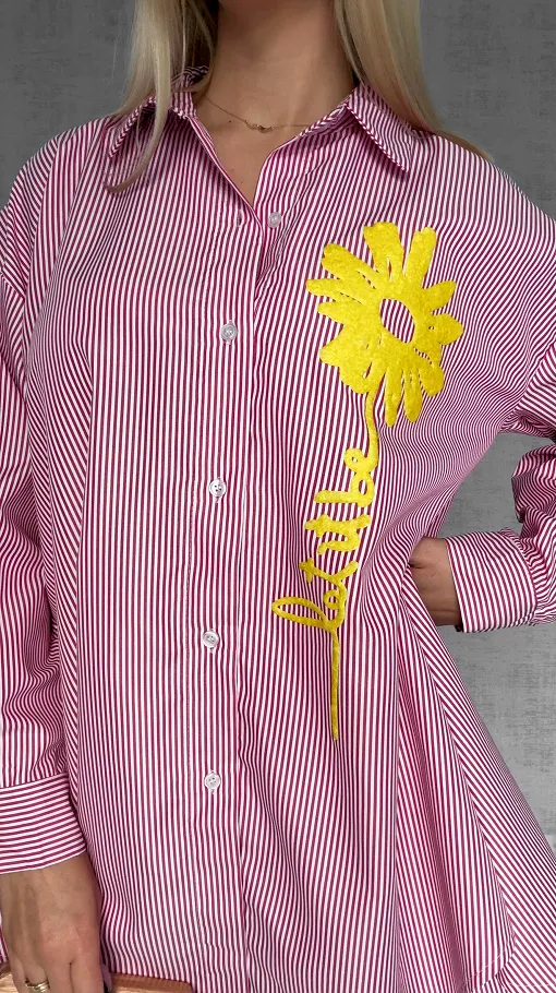 Czerwona koszula OVERSIZE w paski z żółtym kwiatem ONE SIZE - R900